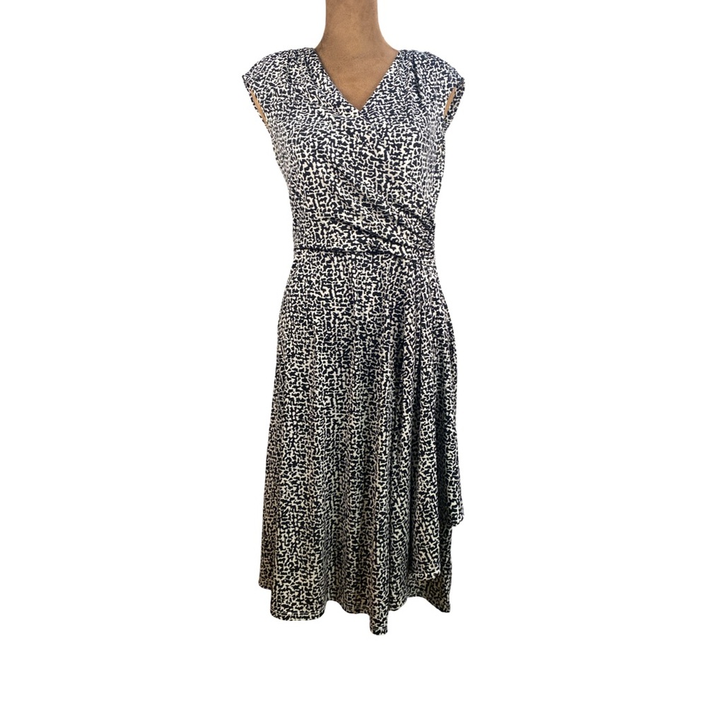 Lauren Ralph Lauren Black White Abstract Print Faux Wrap V-Neck Dress Womens 4